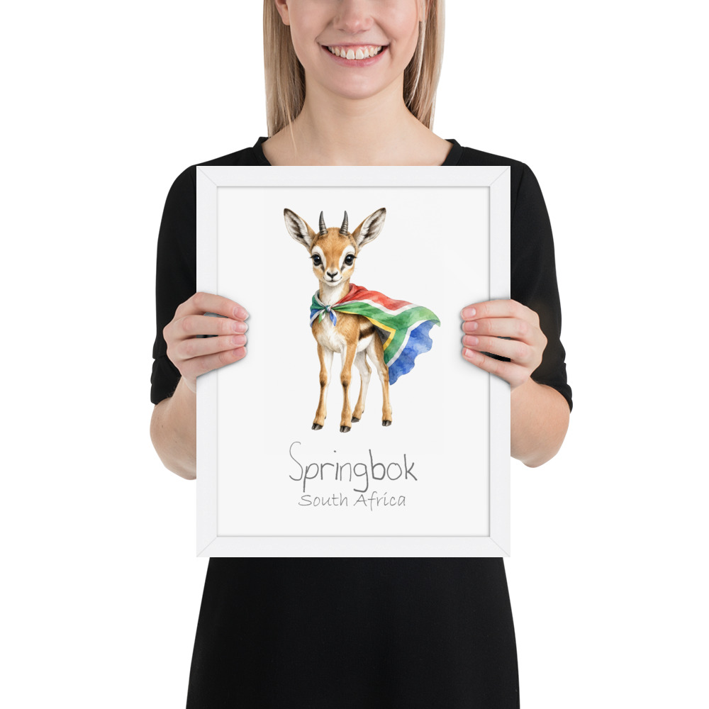 Springbok South Africa national animal framed print, white frame 11×14