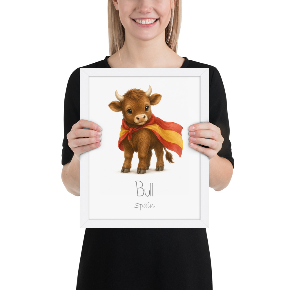 Bull Spain national animal framed print, white frame 11×14