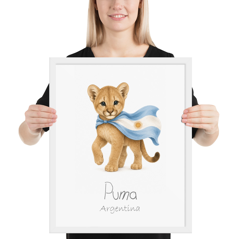 Puma Argentina national animal framed print, white frame 16×20