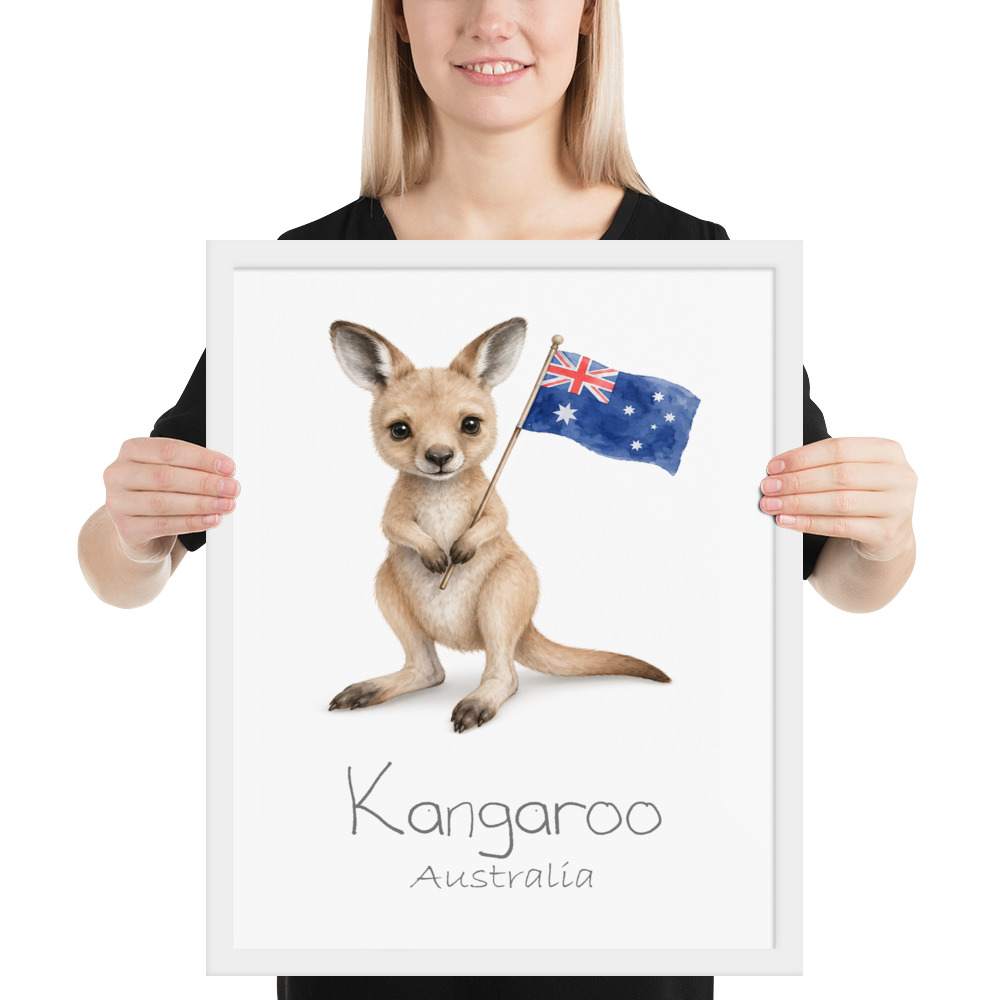 Kangaroo Australia national animal framed print, white frame 16×20