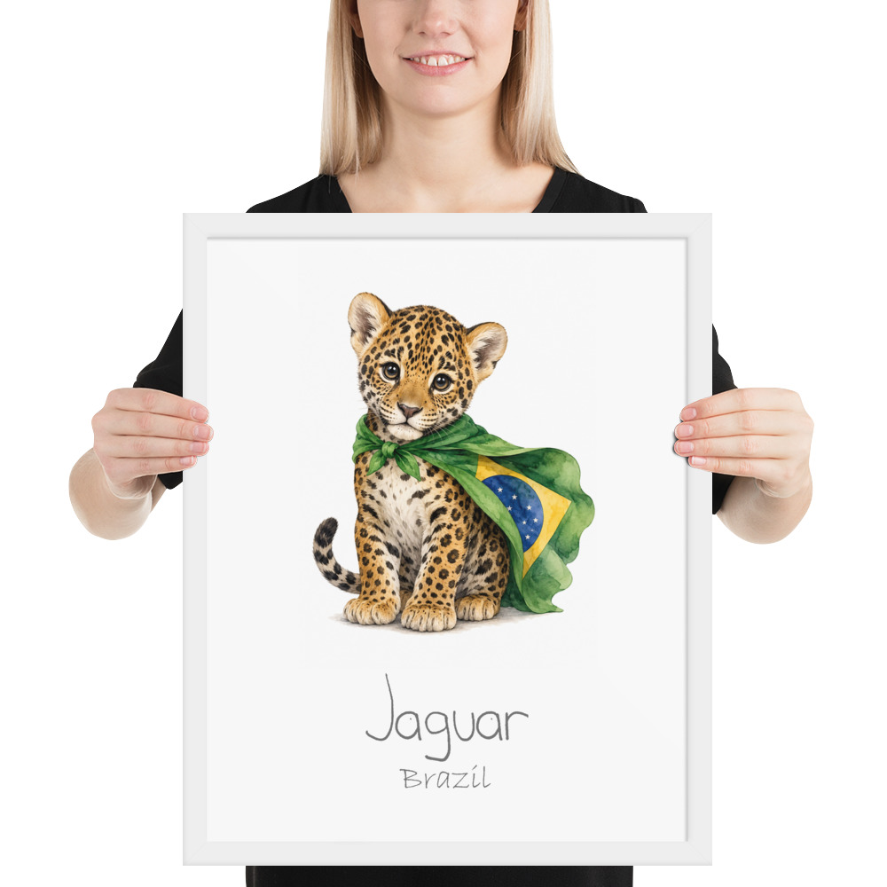 Jaguar Brazil national animal framed print, white frame 16×20