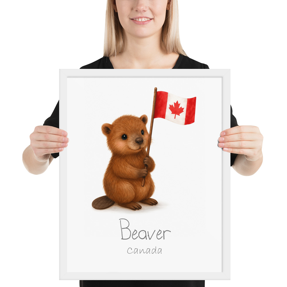 Beaver Canada national animal framed print, white frame 16×20