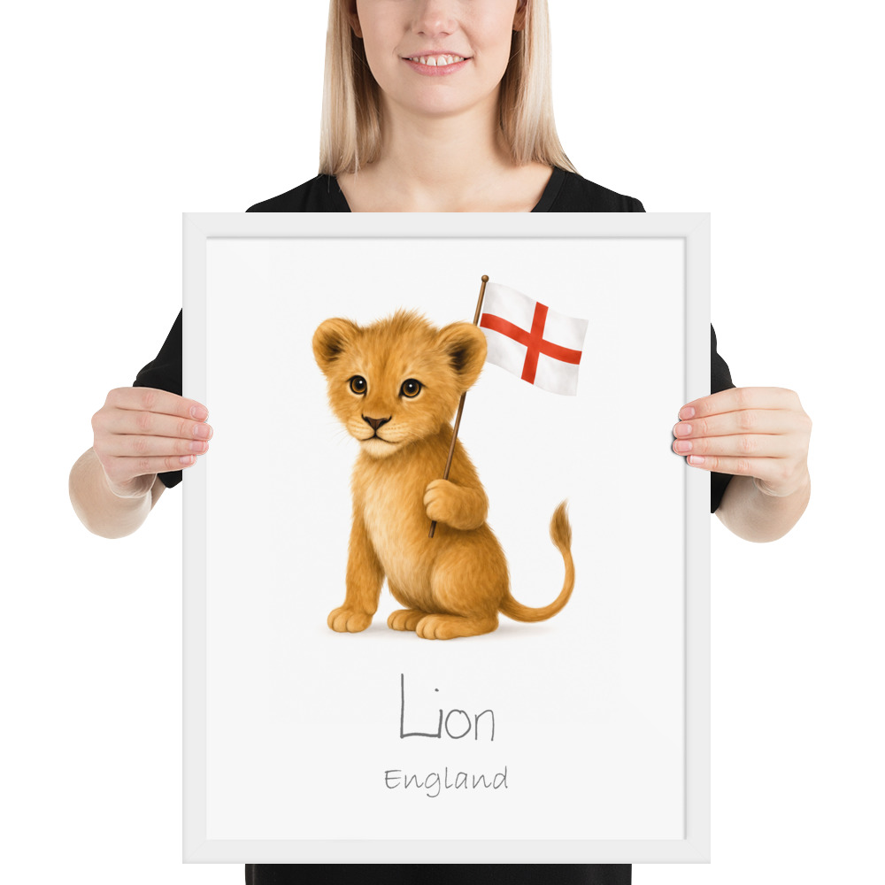 Lion England national animal framed print, white frame 16×20