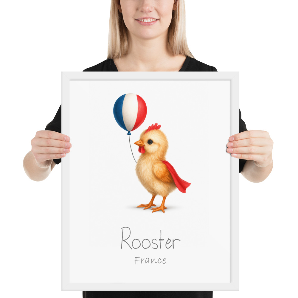 Rooster France national animal framed print, white frame 16×20