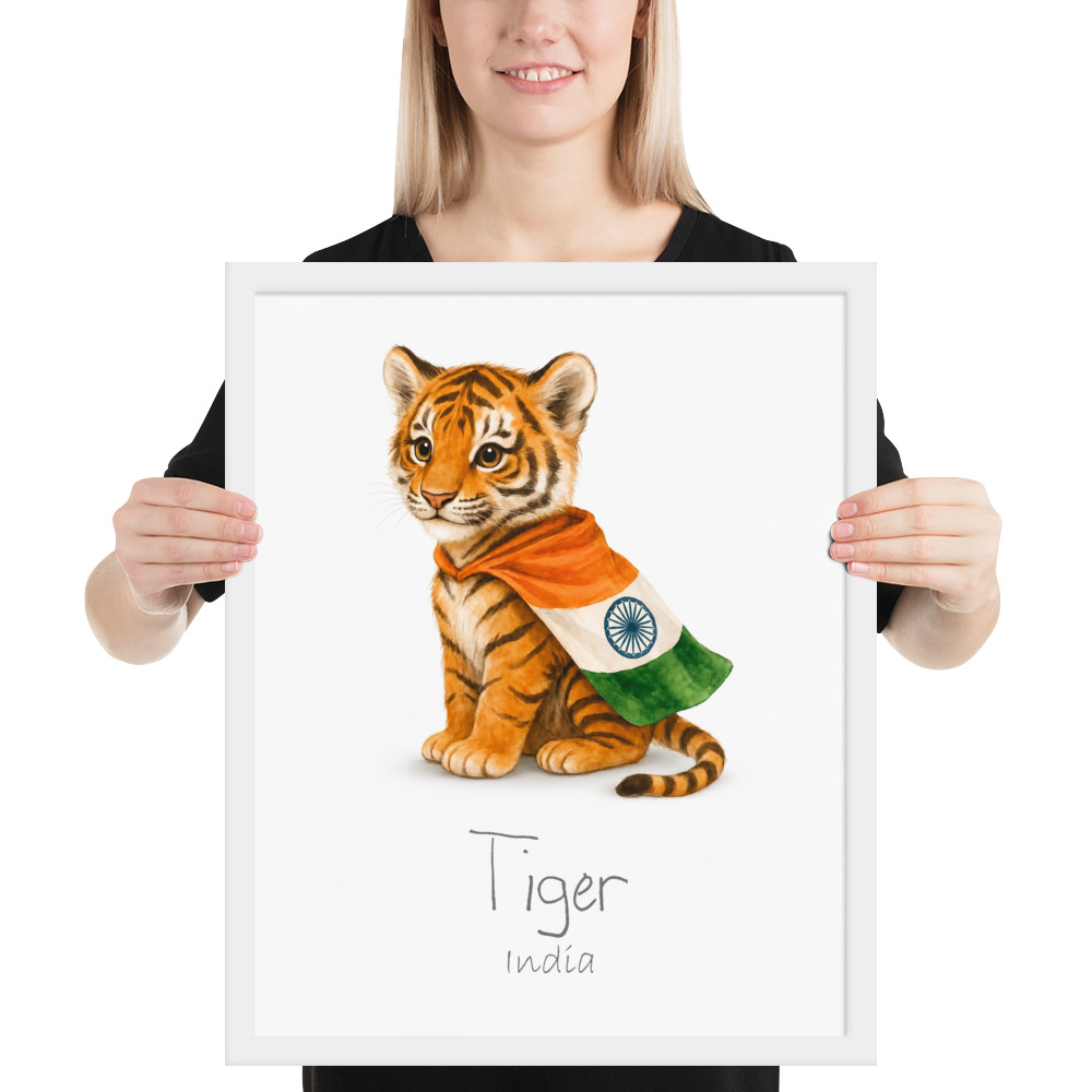 Tiger India national animal framed print, white frame 16×20