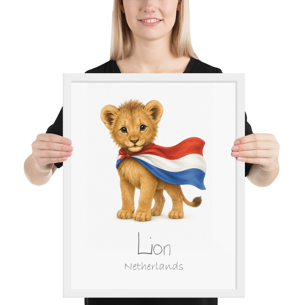 Lion Netherlands national animal framed print, white frame 16×20
