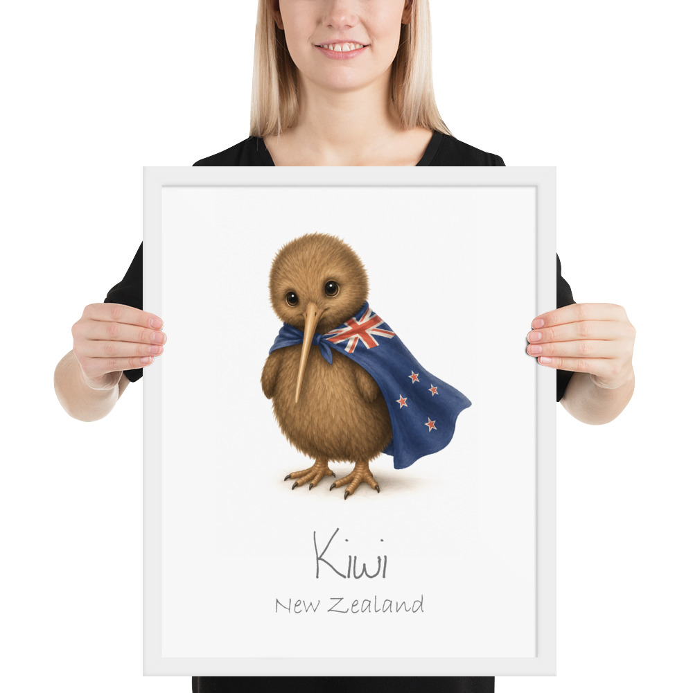 Kiwi New Zealand national animal framed print, white frame 16×20