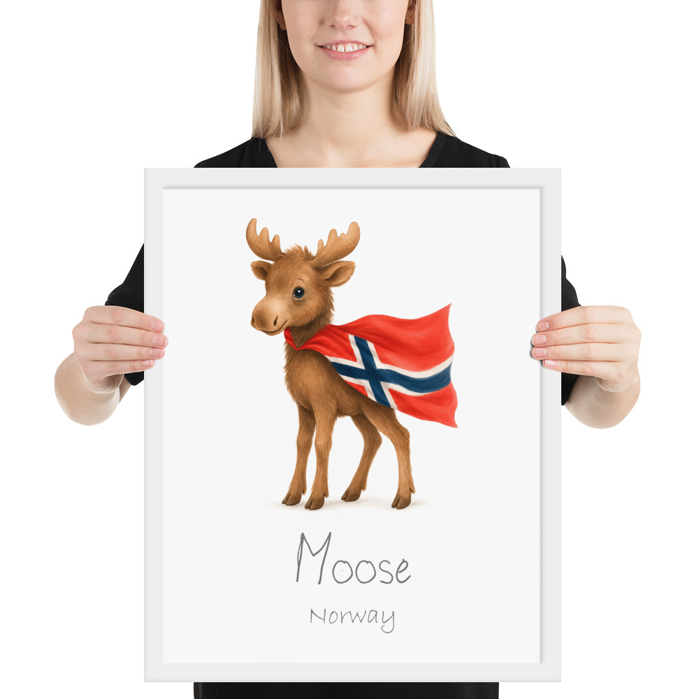 Moose Norway national animal framed print, white frame 16×20