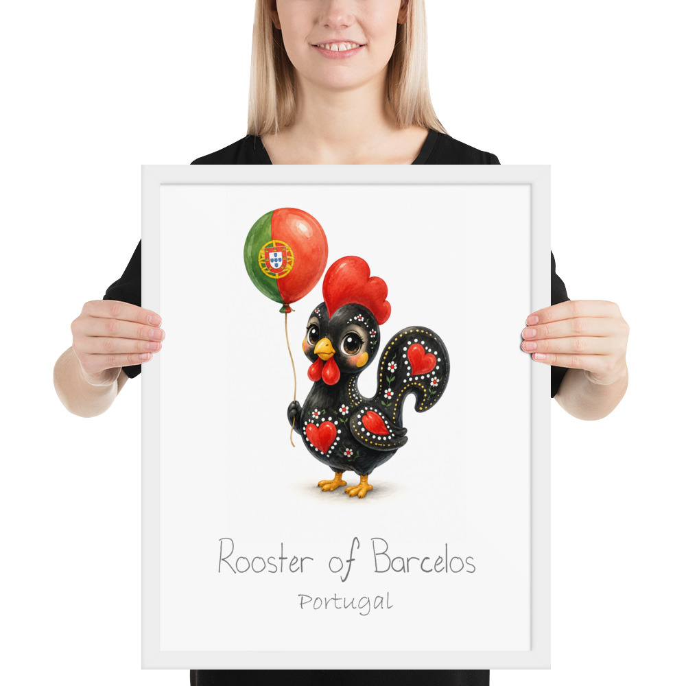 Rooster of Barcelos Portugal national animal framed print, white frame 16×20