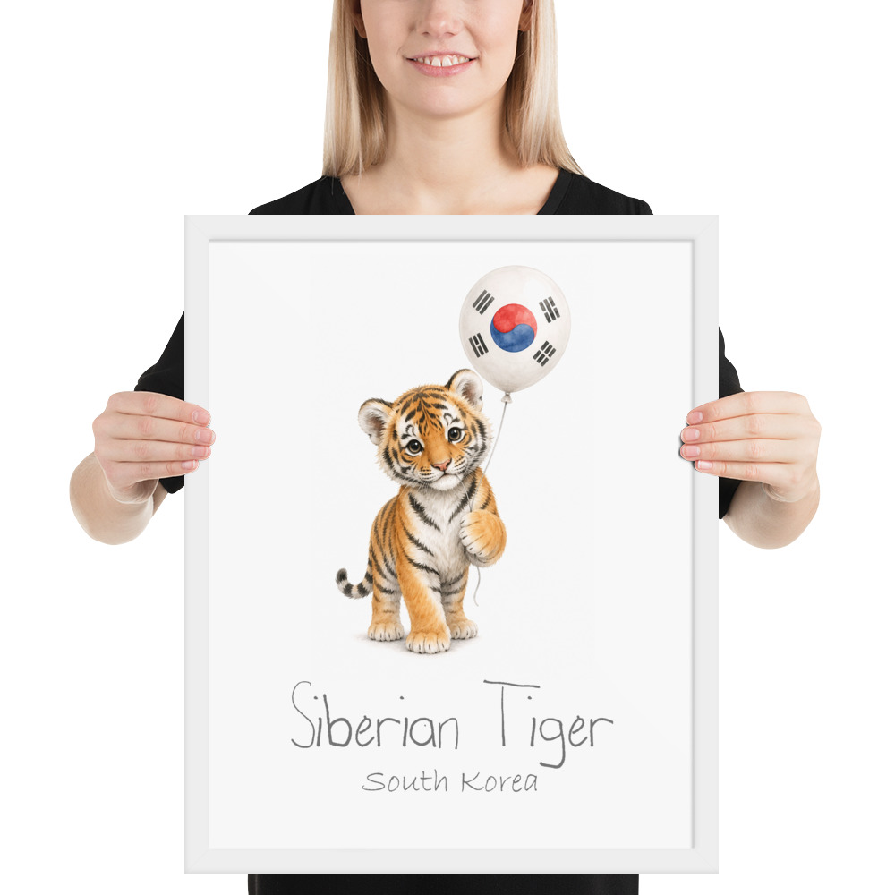 Siberian Tiger South Korea national animal framed print, white frame 16×20