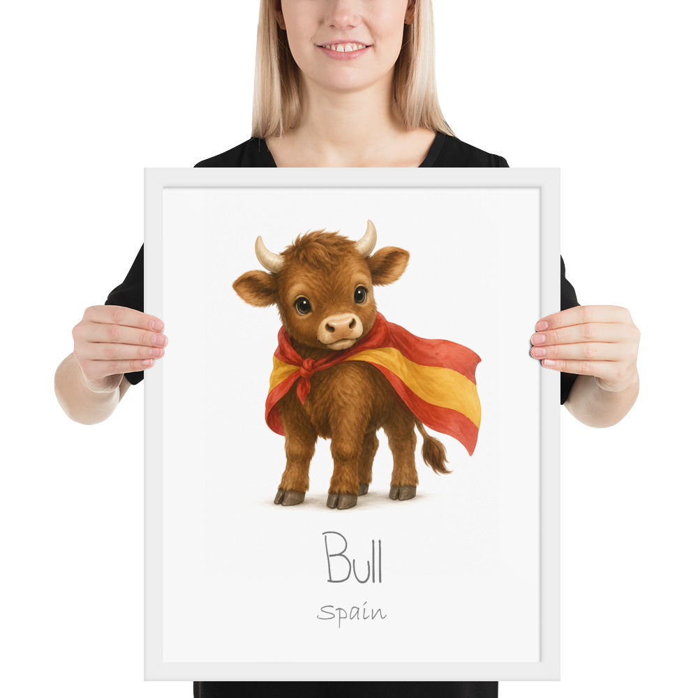 Bull Spain national animal framed print, white frame 16×20
