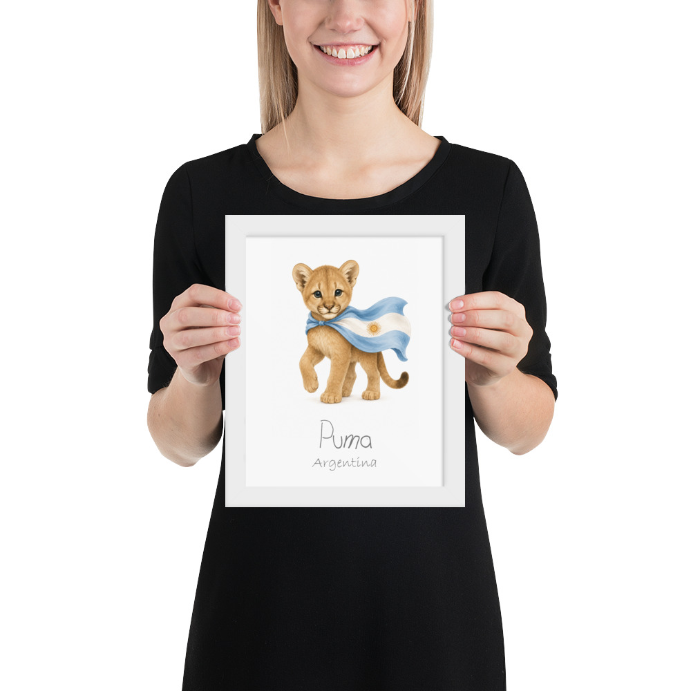 Puma Argentina national animal framed print, white frame 8×10