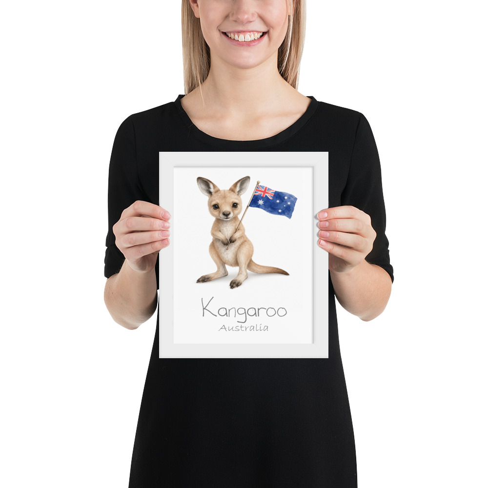 Kangaroo Australia national animal framed print, white frame 8×10