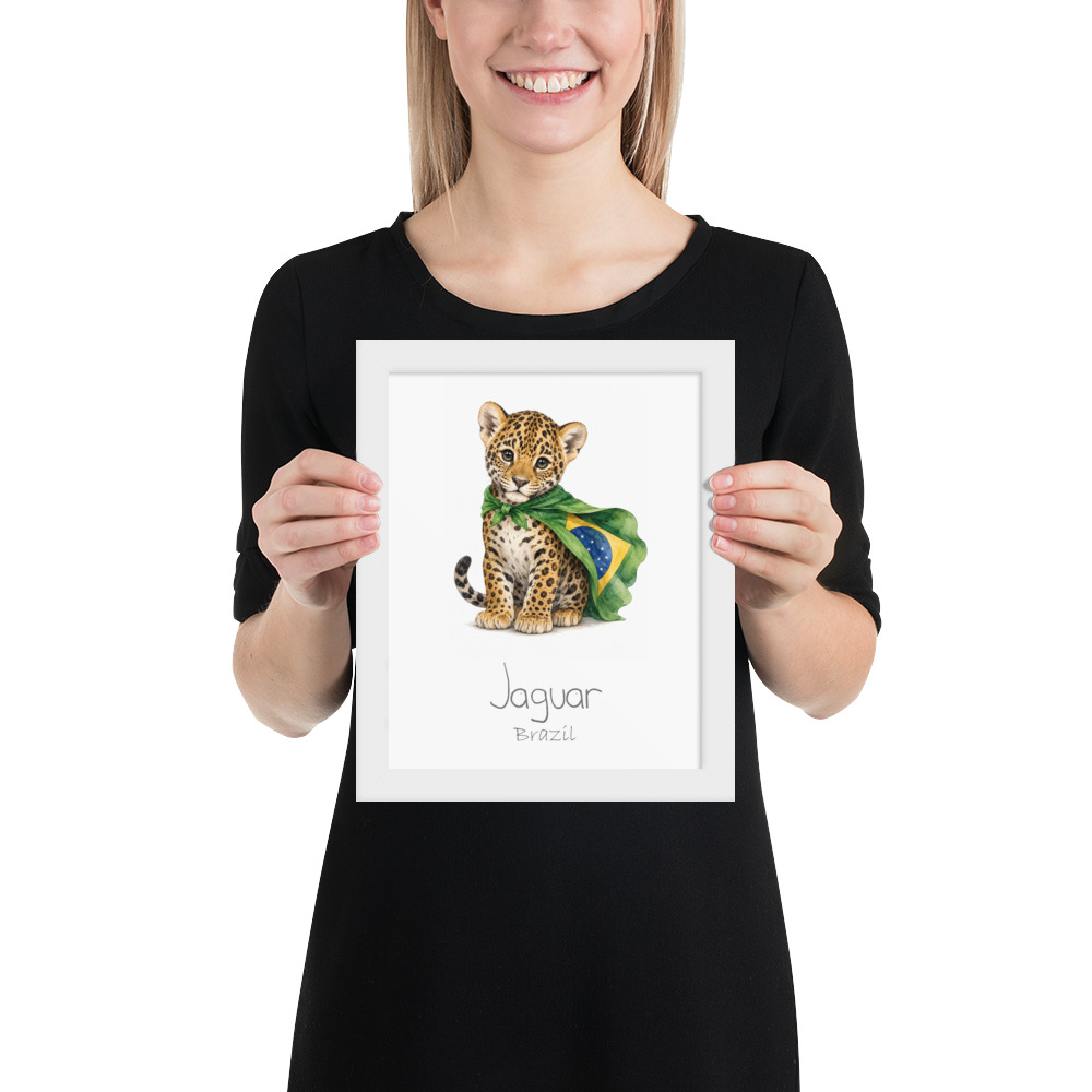 Jaguar Brazil national animal framed print, white frame 8×10