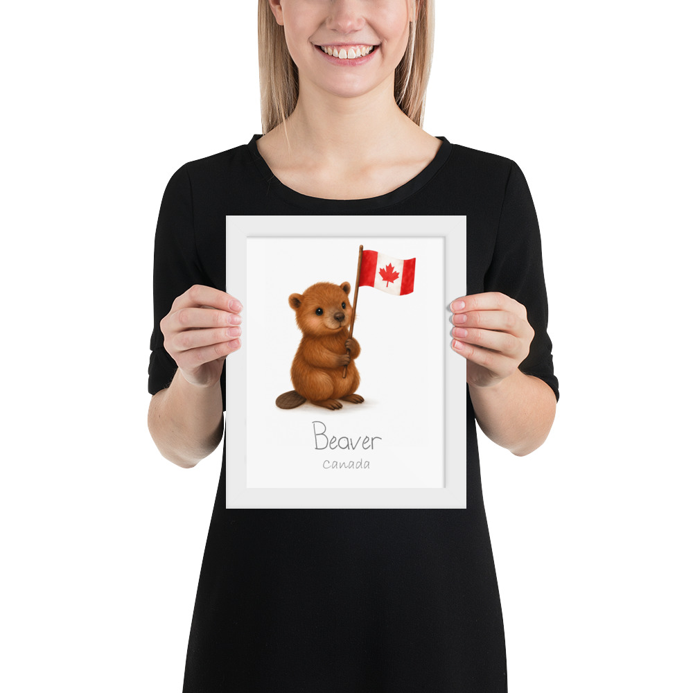 Beaver Canada national animal framed print, white frame 8×10