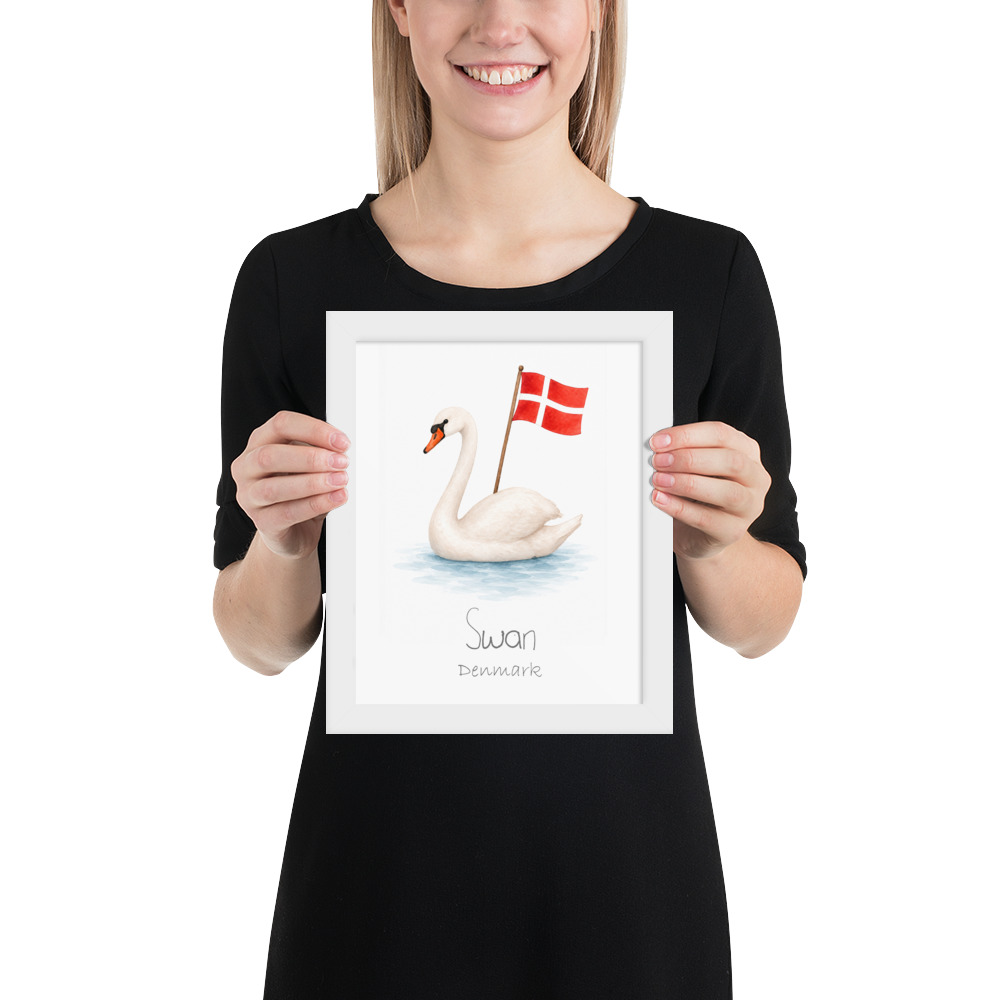 Swan Denmark national animal framed print, white frame 8×10