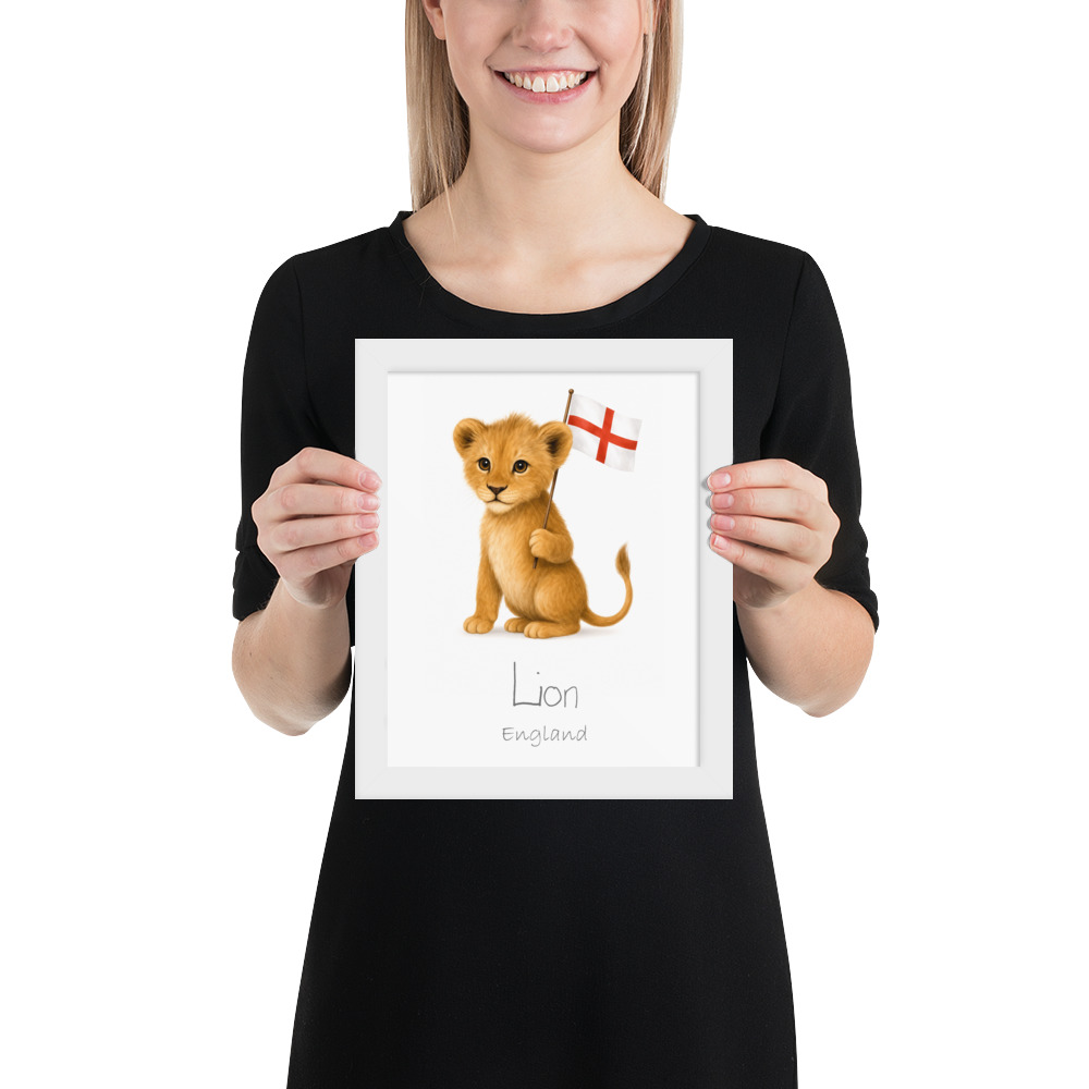 Lion England national animal framed print, white frame 8×10