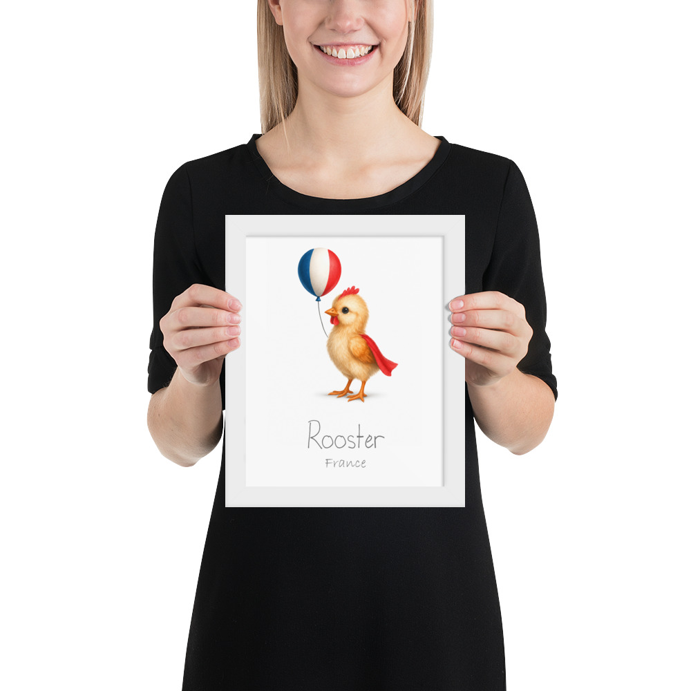Rooster France national animal framed print, white frame 8×10