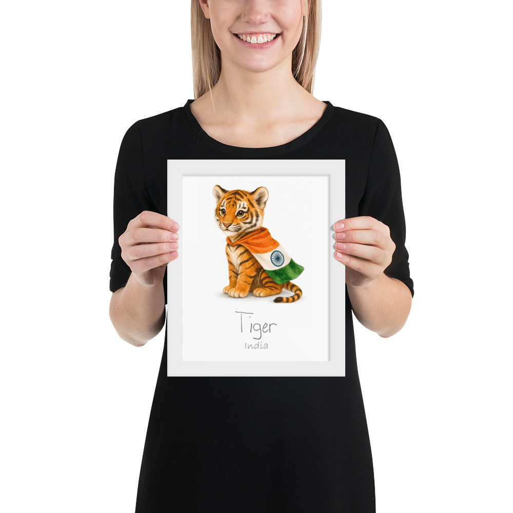 Tiger India national animal framed print, white frame 8×10