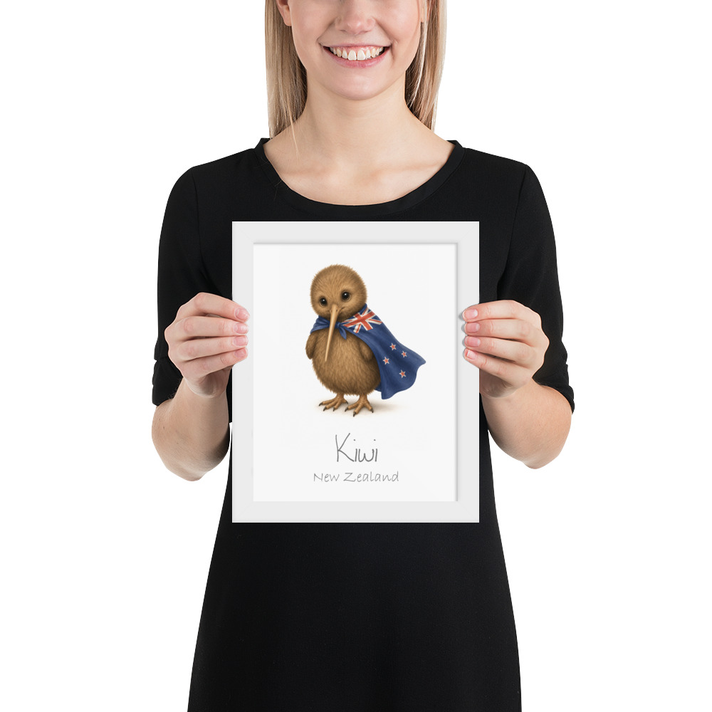 Kiwi New Zealand national animal framed print, white frame 8×10