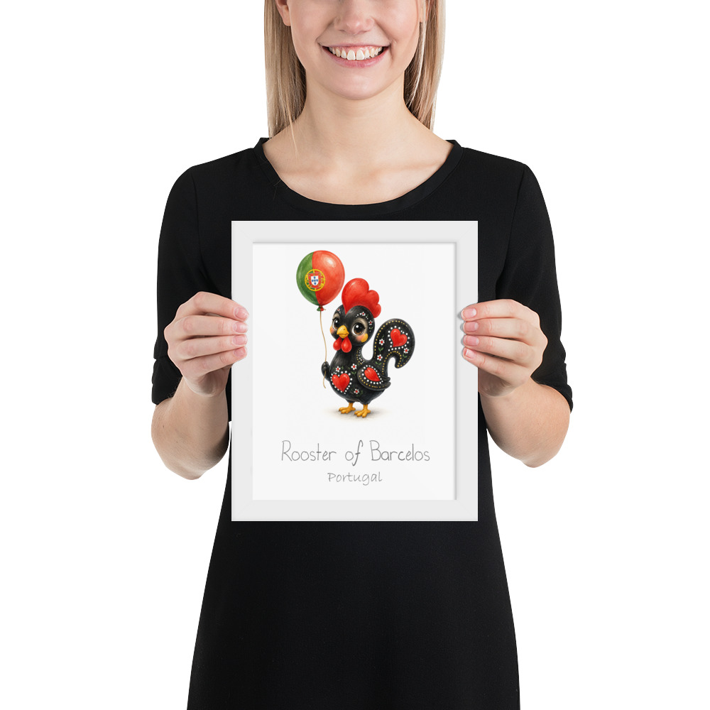 Rooster of Barcelos Portugal national animal framed print, white frame 8×10