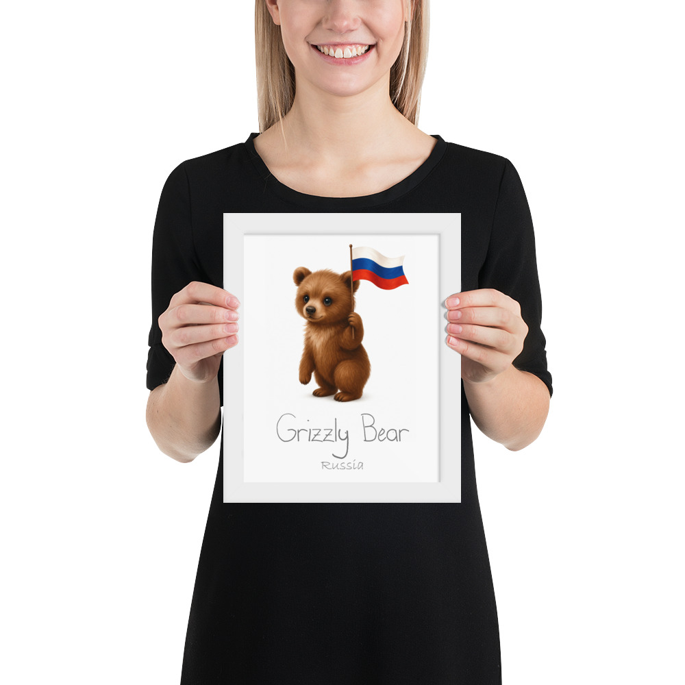 Brown Bear Russia national animal framed print, white frame 8×10
