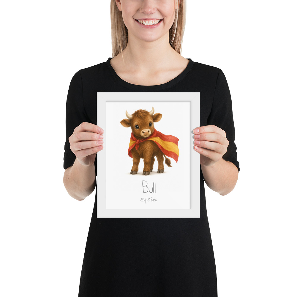 Bull Spain national animal framed print, white frame 8×10