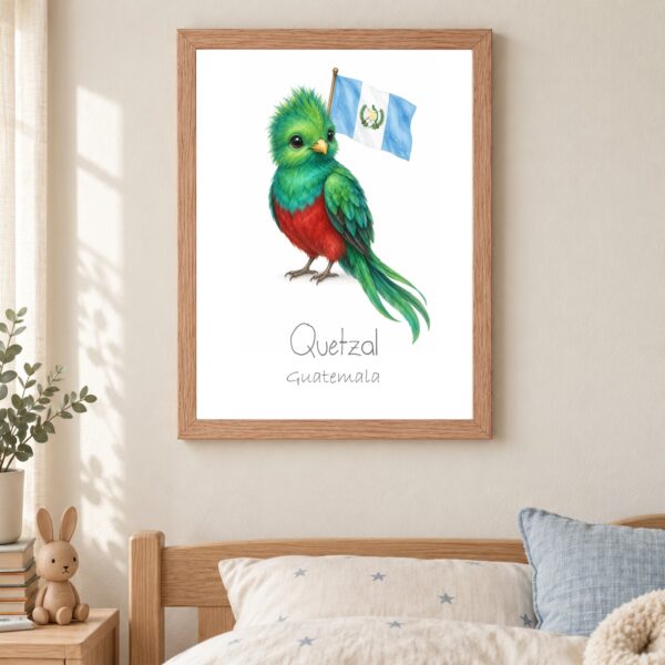 Guatemala national animal framed print in a kids bedroom, oak frame Guatemala national animal framed print in a kids bedroom, oak frame