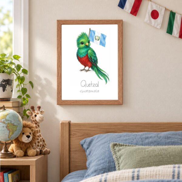 Guatemala national animal framed print in a kids bedroom, oak frame Guatemala national animal framed print in a kids bedroom, oak frame