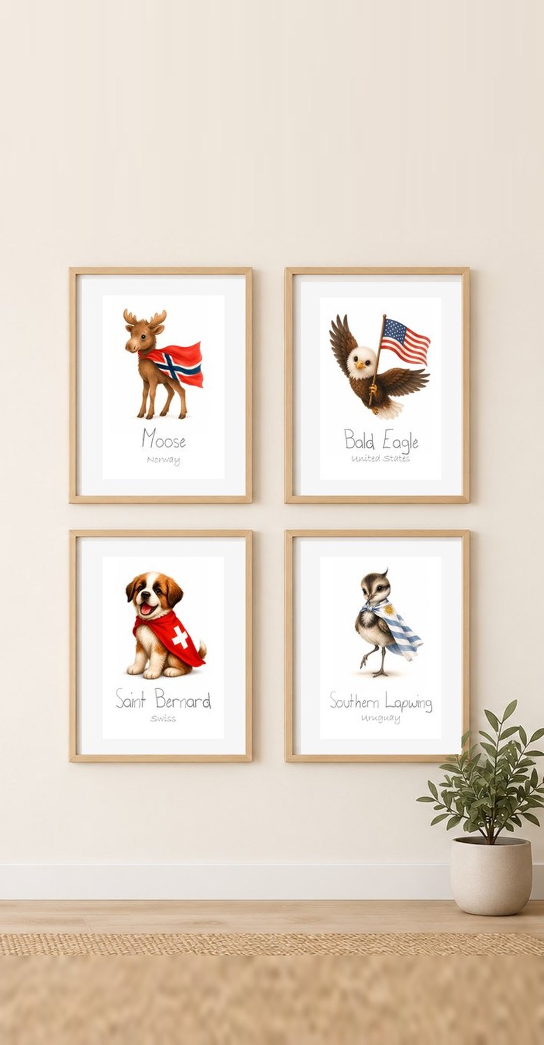 Four framed national animal prints in a kids room