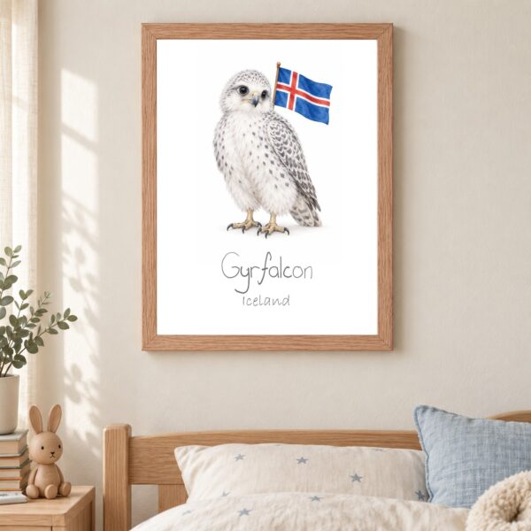 Iceland national animal framed print in a kids bedroom, oak frame Iceland national animal framed print in a kids bedroom, oak frame