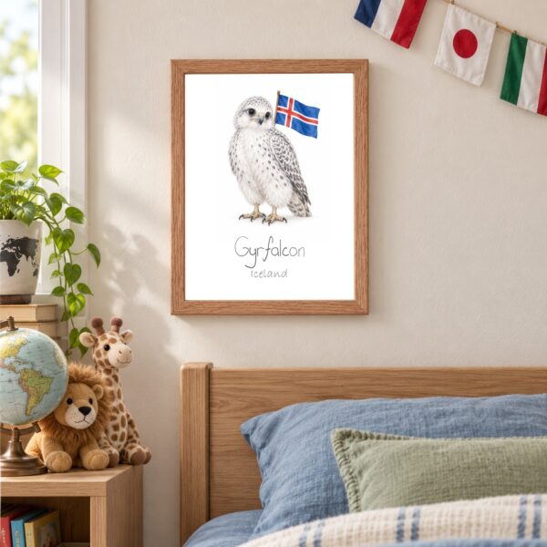 Iceland national animal framed print in a kids bedroom, oak frame Iceland national animal framed print in a kids bedroom, oak frame