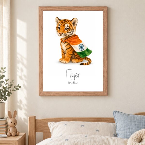 India national animal framed print in a kids bedroom, oak frame India national animal framed print in a kids bedroom, oak frame