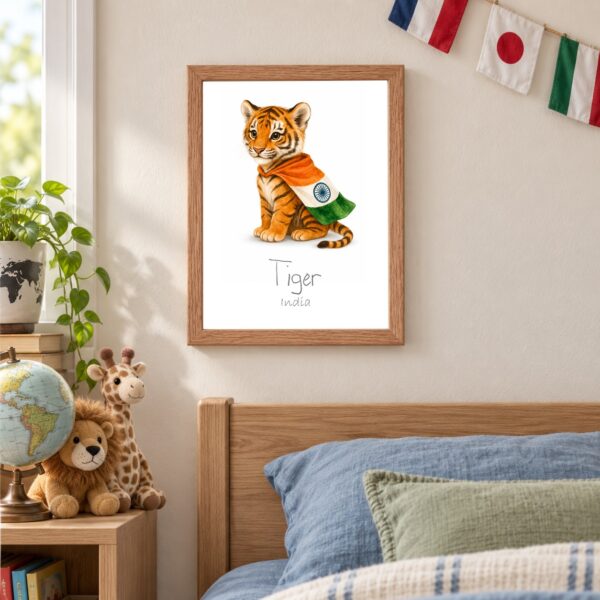 India national animal framed print in a kids bedroom, oak frame India national animal framed print in a kids bedroom, oak frame