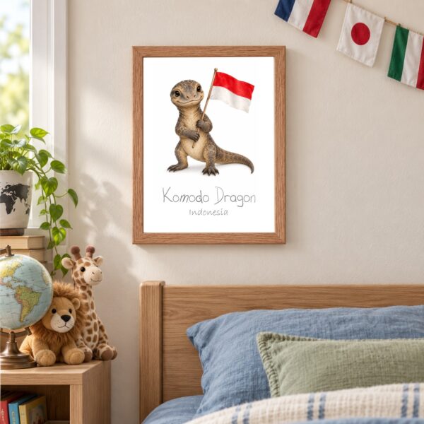 Indonesia national animal framed print in a kids bedroom, oak frame