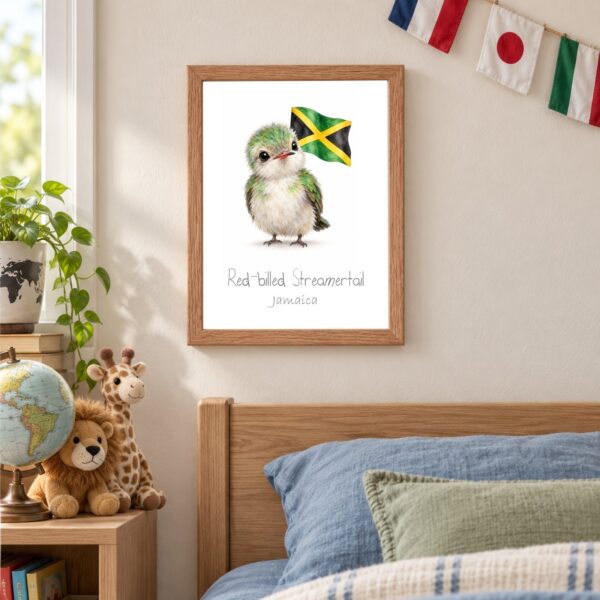 Jamaica national animal framed print in a kids bedroom, oak frame Jamaica national animal framed print in a kids bedroom, oak frame