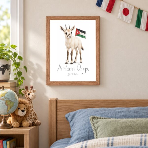 Jordan national animal framed print in a kids bedroom, oak frame Jordan national animal framed print in a kids bedroom, oak frame