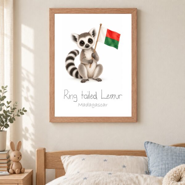 Madagascar national animal framed print in a kids bedroom, oak frame Madagascar national animal framed print in a kids bedroom, oak frame