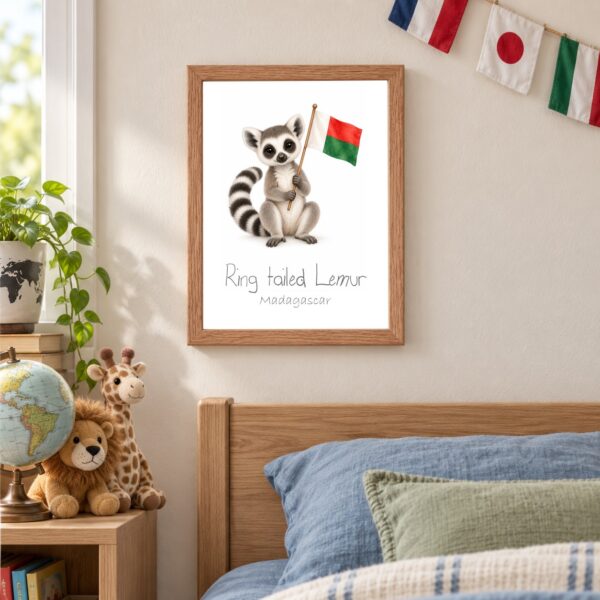 Madagascar national animal framed print in a kids bedroom, oak frame Madagascar national animal framed print in a kids bedroom, oak frame