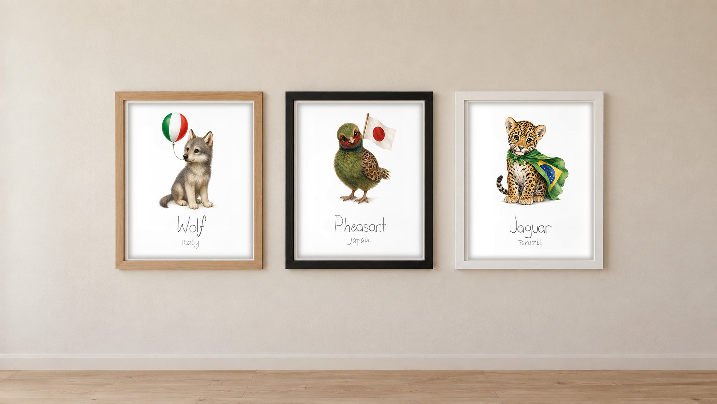 Three framed prints in red oak, black and white frames on a nursery wall