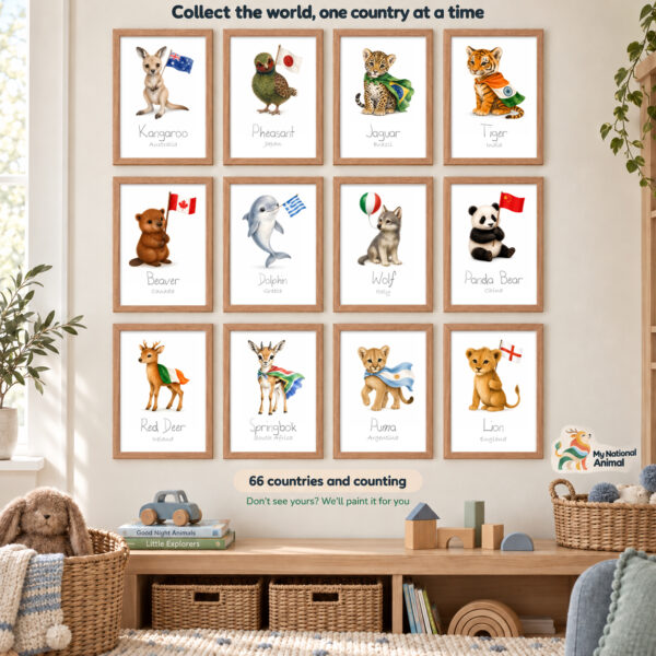 Collect the world: wall of twelve framed national animal prints, 66 countries and counting Collect the world: wall of twelve framed national animal prints, 66 countries and counting
