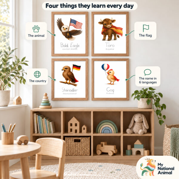 Four things children learn with a My National Animal print: the animal, the flag, the country and the name in six languages Four things children learn with a My National Animal print: the animal, the flag, the country and the name in six languages