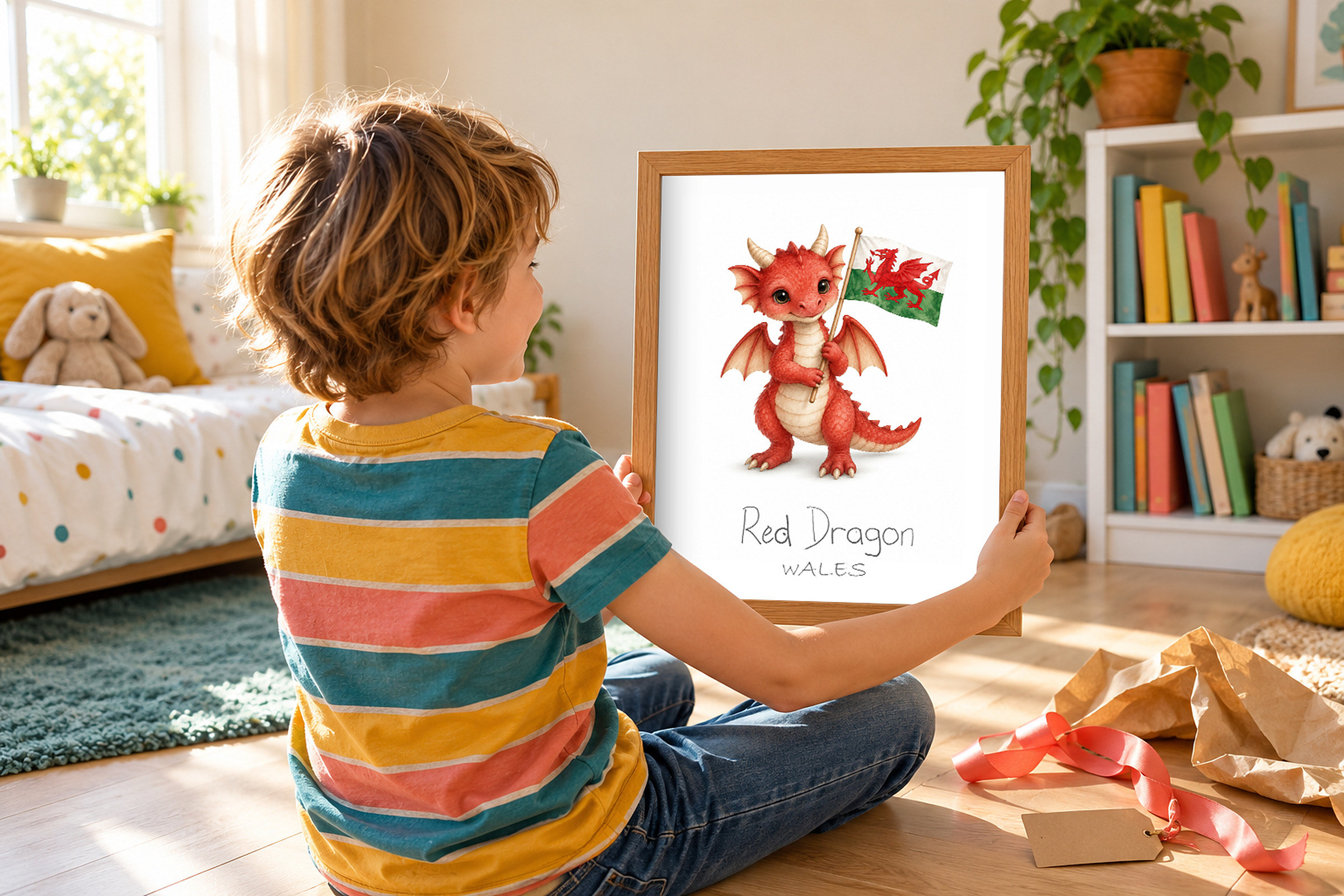 A six-year-old sitting on the floor holding a framed print of the tiger of India