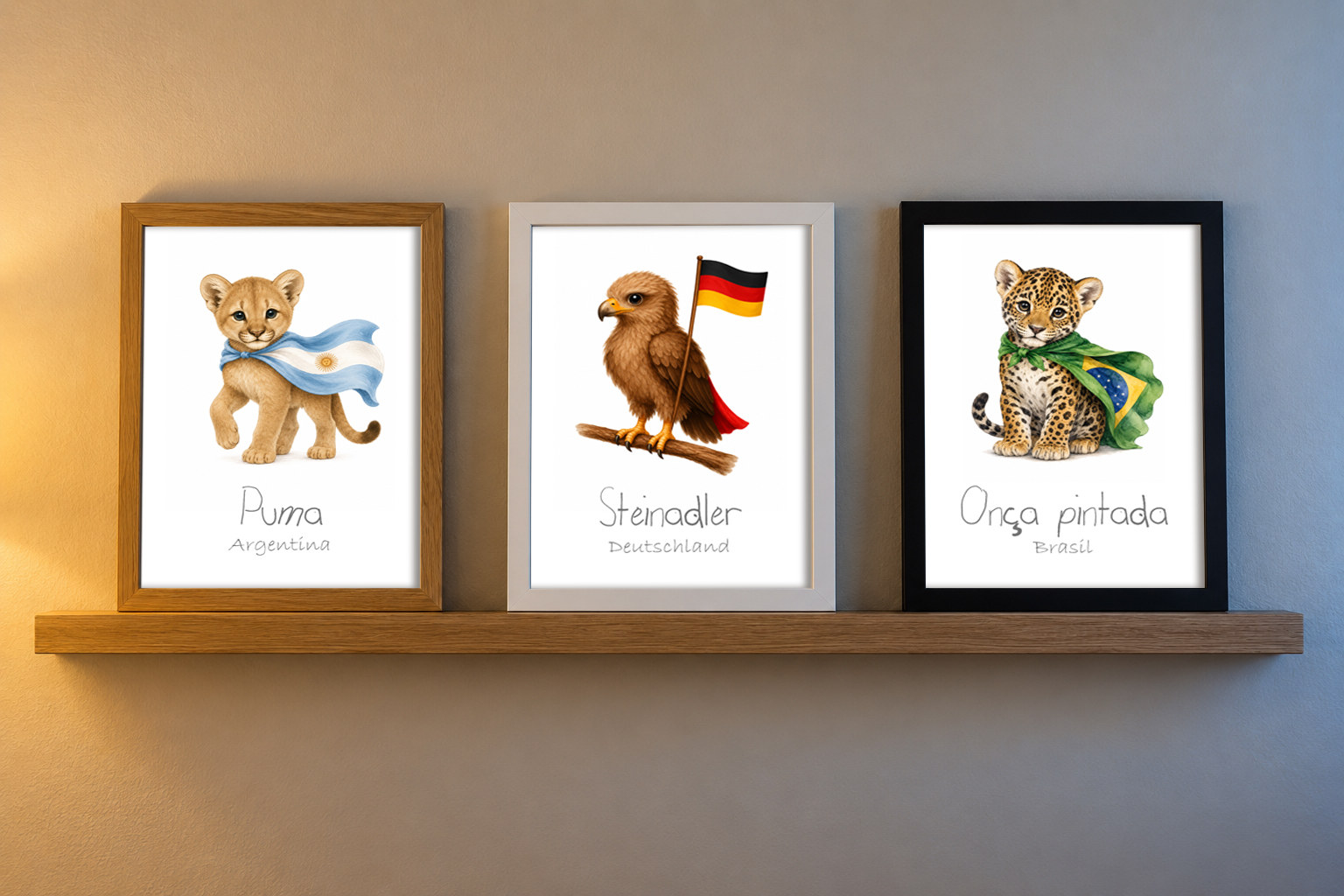 Three framed prints on a picture ledge in Spanish, German and Portuguese