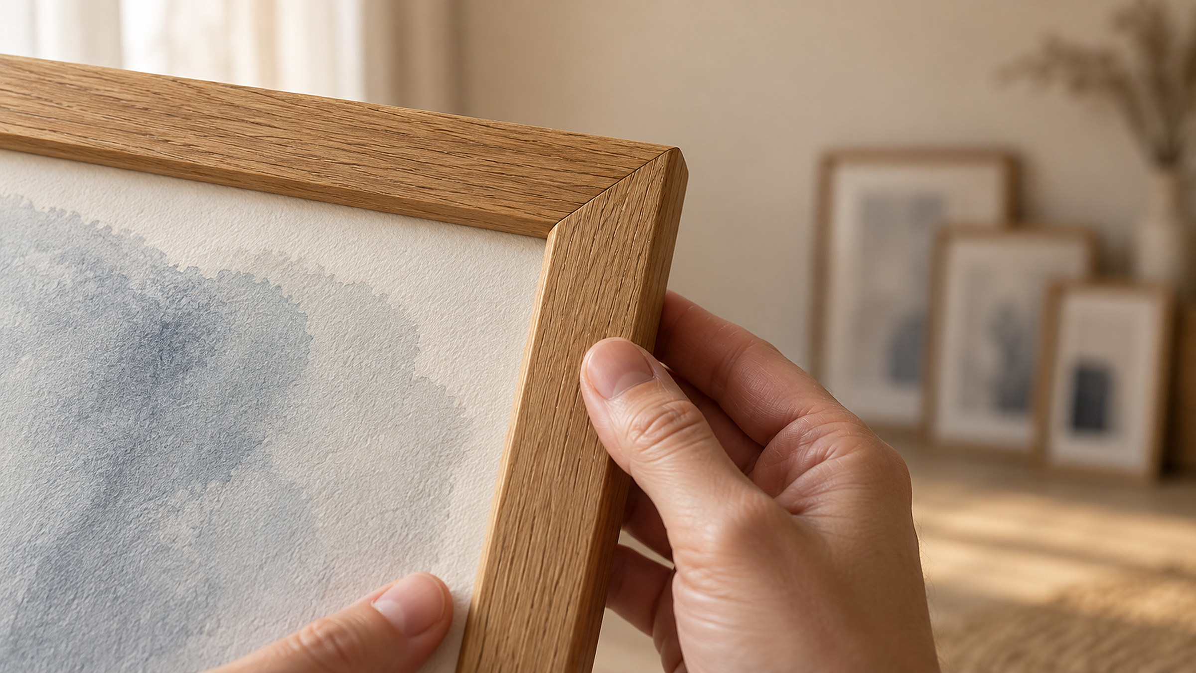 Close-up of a real wood frame corner and the matte paper of a print