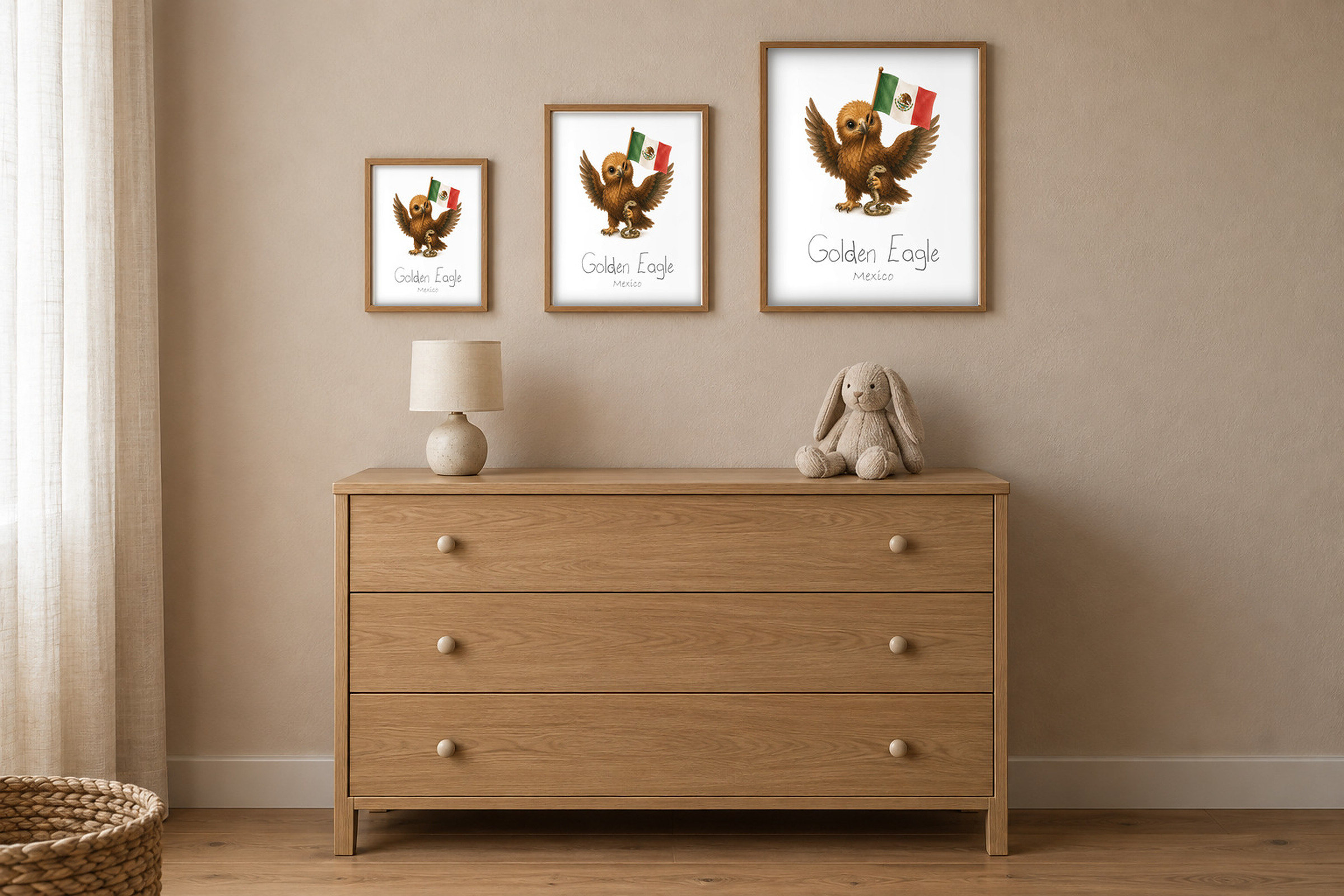 The same framed print in three sizes, 8x10, 11x14 and 16x20 inches, above a dresser