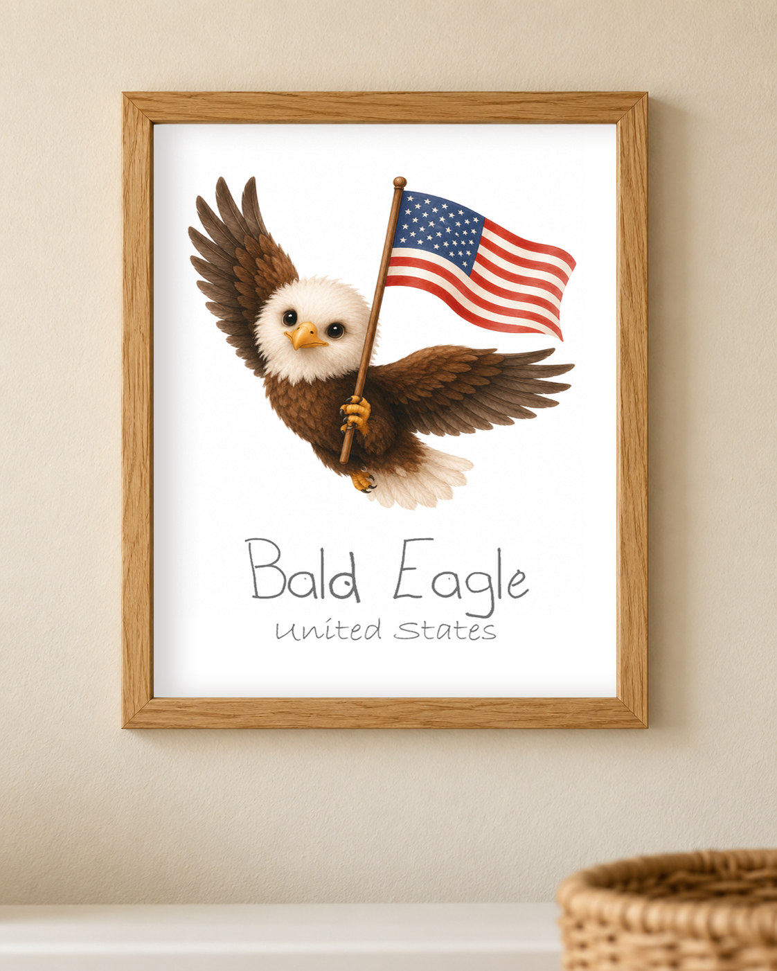 Framed watercolor print of the bald eagle of the United States hung low in a child's reading corner