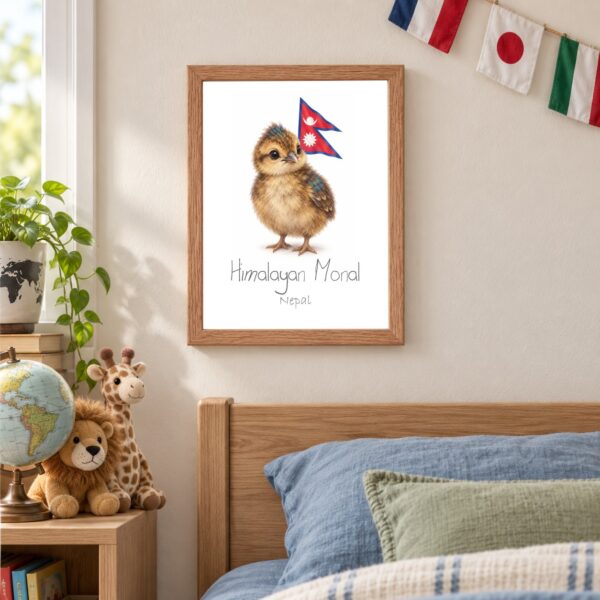Nepal national animal framed print in a kids bedroom, oak frame