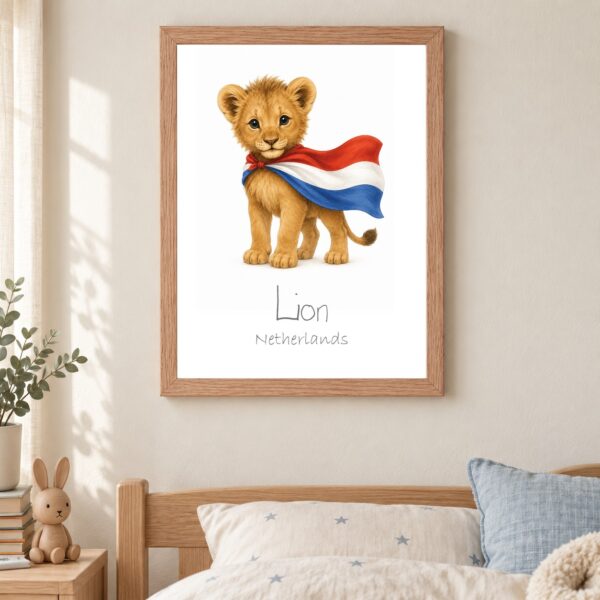 Netherlands national animal framed print in a kids bedroom, oak frame Netherlands national animal framed print in a kids bedroom, oak frame