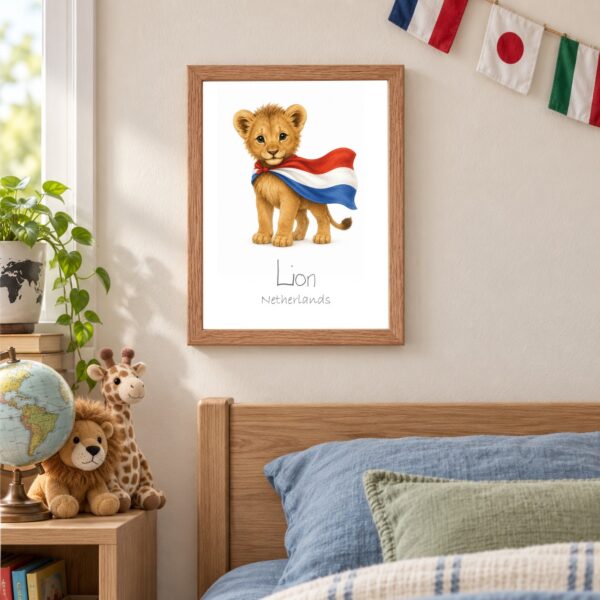 Netherlands national animal framed print in a kids bedroom, oak frame Netherlands national animal framed print in a kids bedroom, oak frame